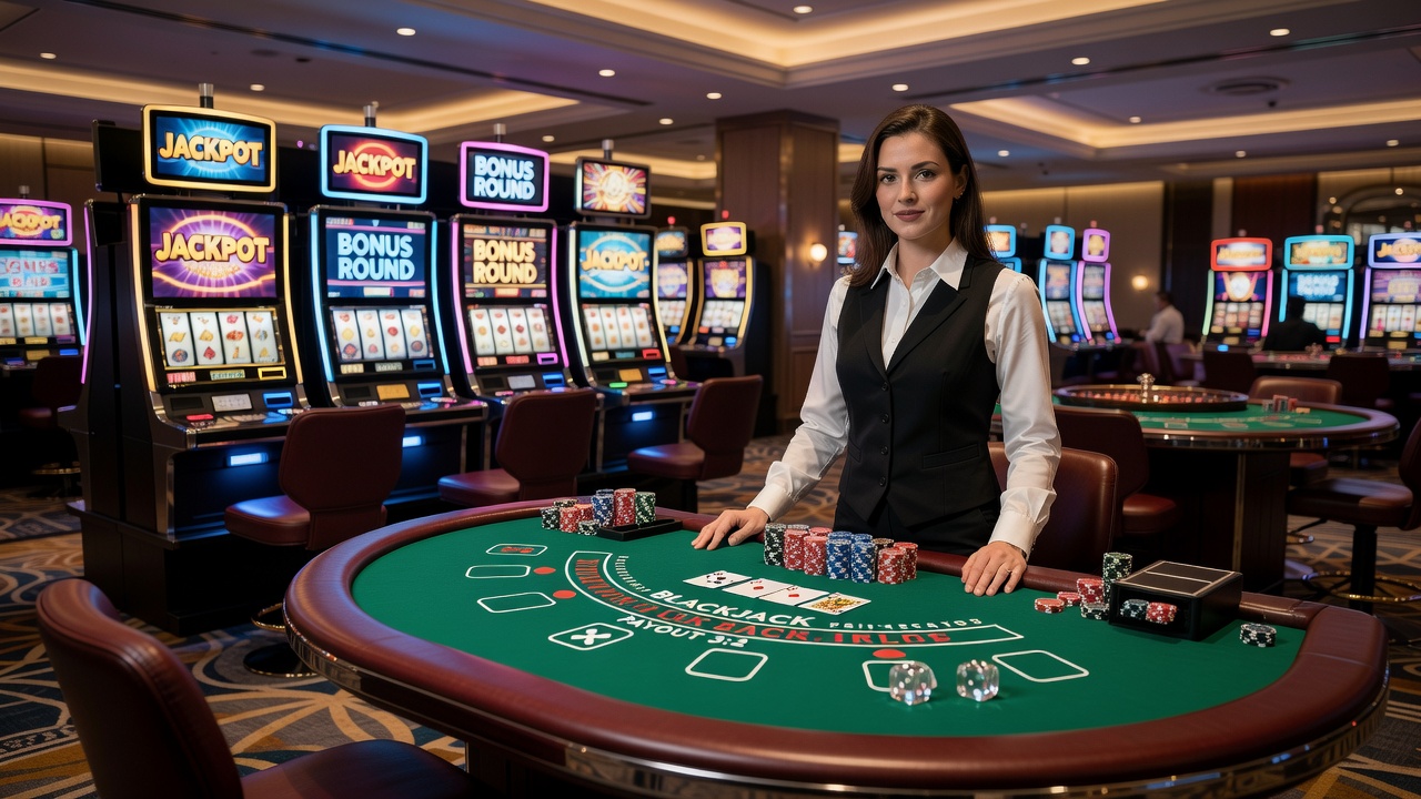 Overview of various casino gaming tables and slot machines in a modern facility