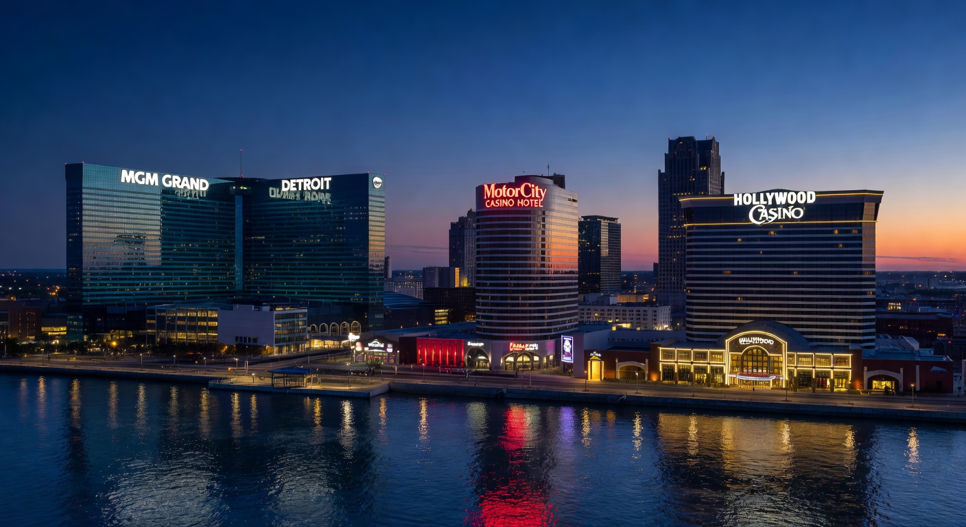 Interior shot of a bustling Detroit casino floor with slot machines glowing and patrons at table games, capturing the vibrant March 2026 gaming scene