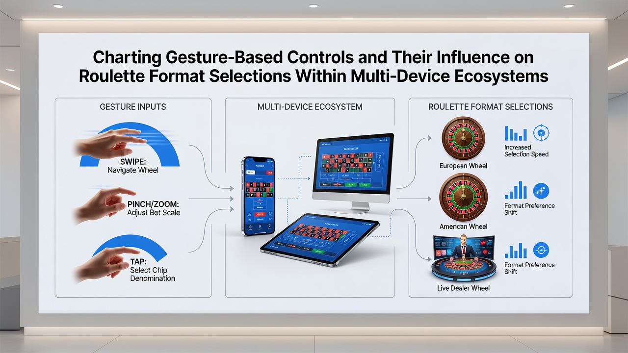 Multi-device setup showing roulette interface transitioning between phone and laptop via gesture sync
