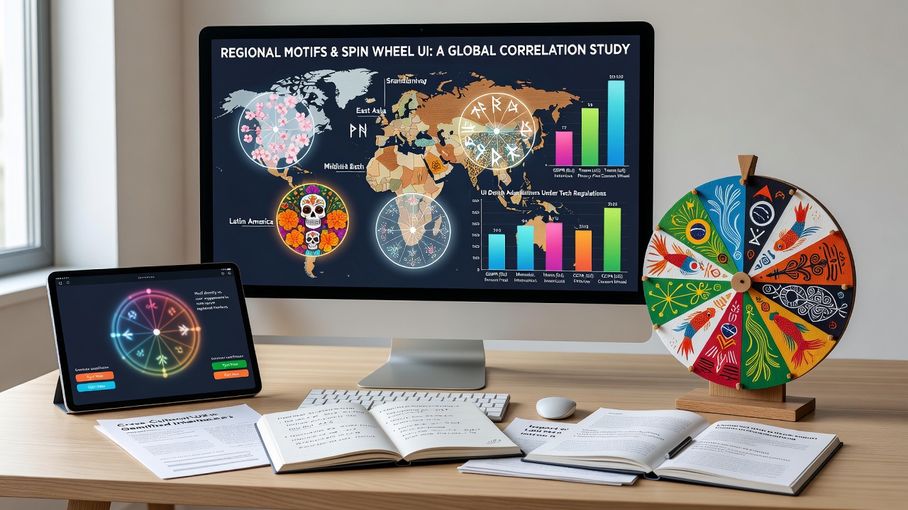 Digital spinning wheel interface displaying regional cultural elements like Asian motifs alongside Western design patterns